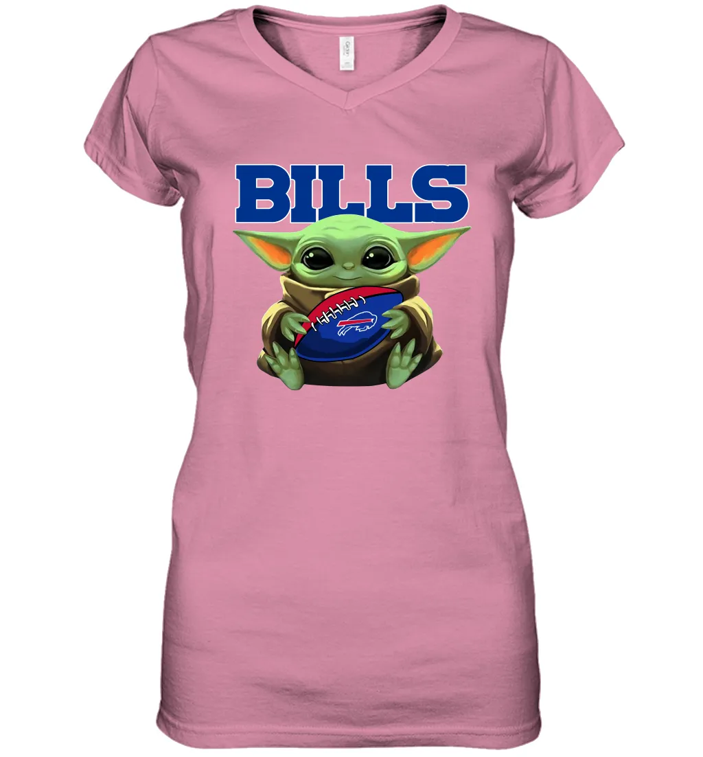 Baby Yoda Loves The Buffalo Bills Star Wars Baby Yoda Hugs Bills NFL Womens V-Neck T-Shirt