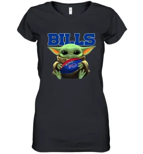 Baby Yoda Loves The Buffalo Bills Star Wars Baby Yoda Hugs Bills NFL Womens V-Neck T-Shirt