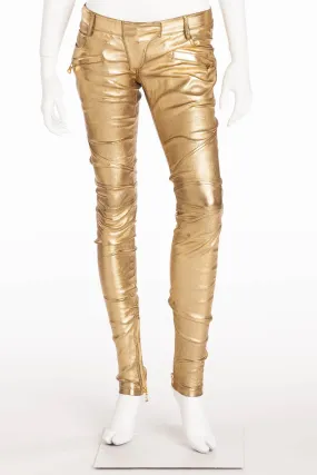 Balmain - New with Tags Gold Leather Skinny Jeans - FR 38