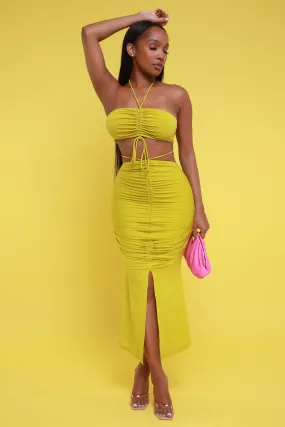 Be Kind Ruched Cropped Skirt Set - Chartreuse