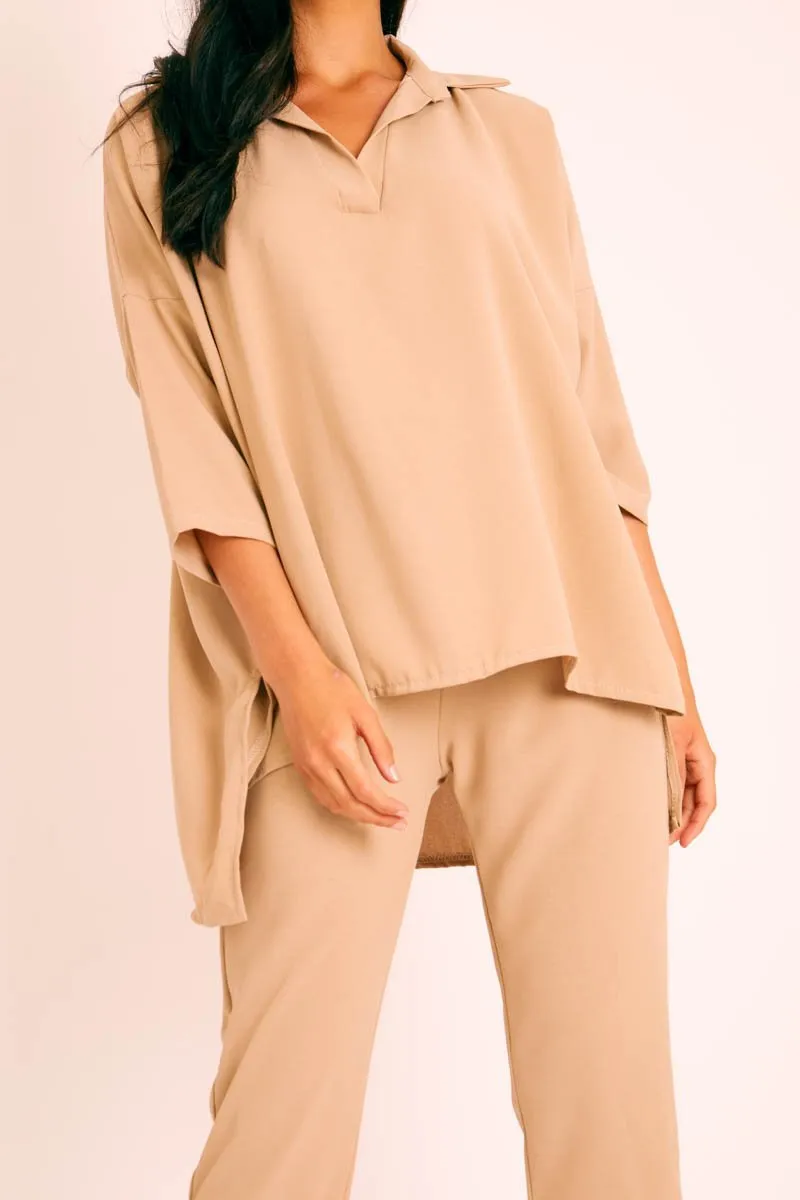 Beige Crepe Oversized Shirt and Cropped Trousers Co-ord - Ellee