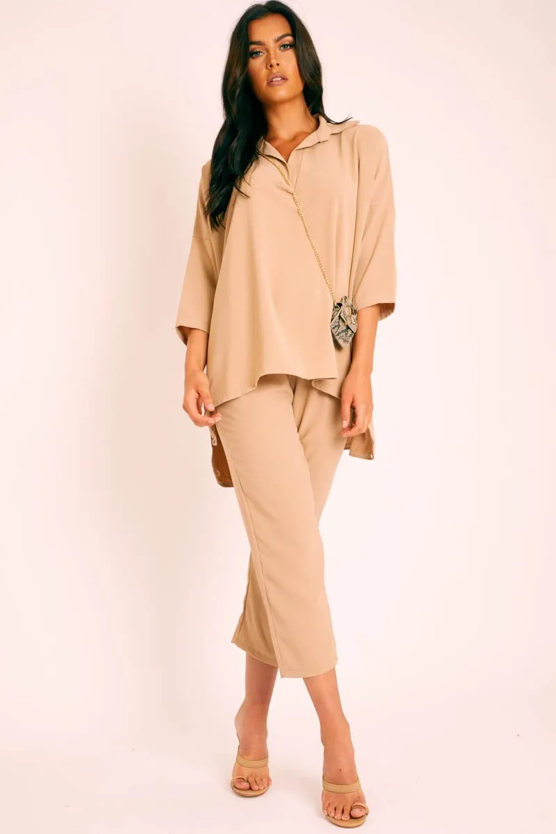 Beige Crepe Oversized Shirt and Cropped Trousers Co-ord - Ellee