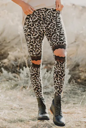 Beige Skinny Leopard Print Leggings with Hollow Out Detail