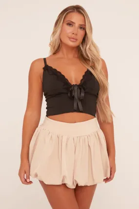 Beige Puffball Detail Waist Band Mini Skirt - Clova