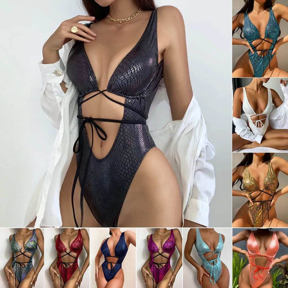 Bikini One Piece Swimsuit Strappy Lace Up Swimwear Bathing Suit