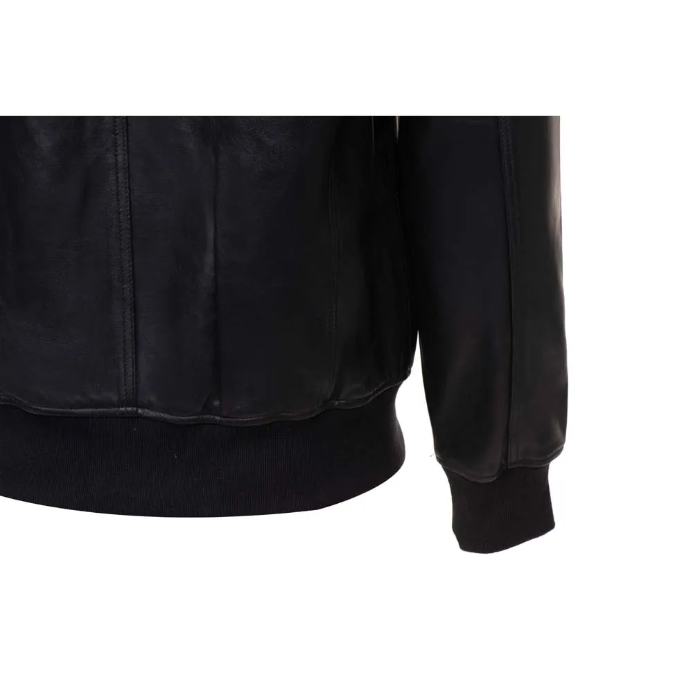 Black leather jacket with straight ribbed collar