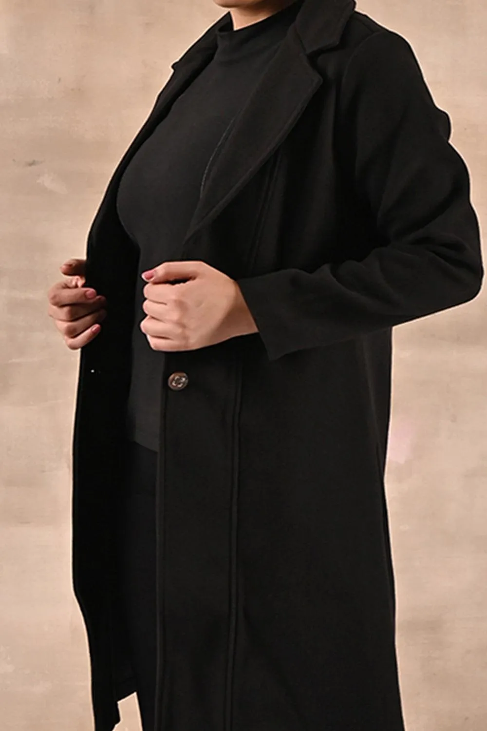 Black Long Trench Coat with Paneled Font and Button Detail