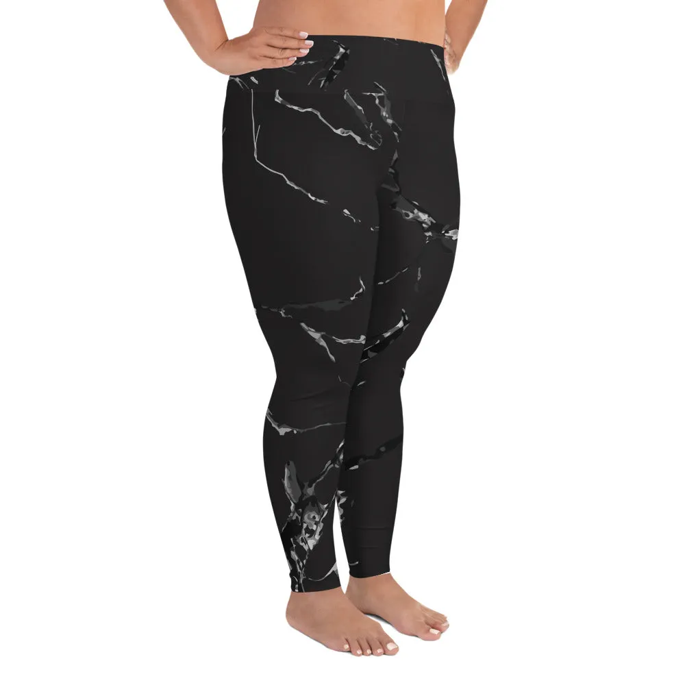 Black Marble Plus Size Leggings, Premium Women's Long Yoga Tights-Made in USA/EU