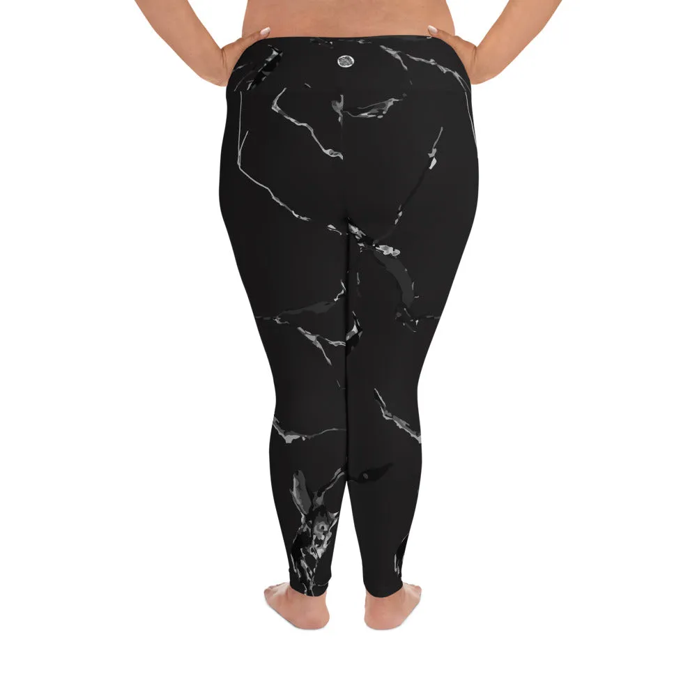 Black Marble Plus Size Leggings, Premium Women's Long Yoga Tights-Made in USA/EU