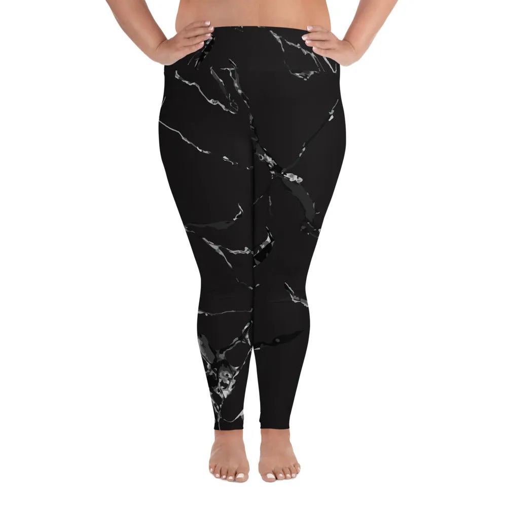 Black Marble Plus Size Leggings, Premium Women's Long Yoga Tights-Made in USA/EU