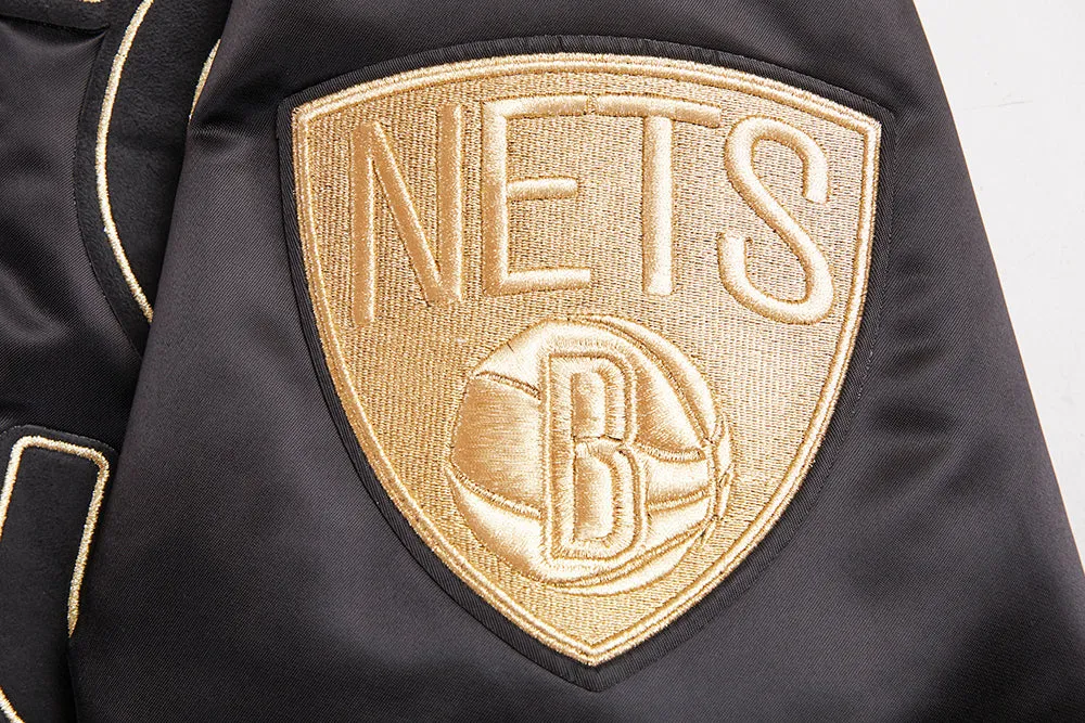 BROOKLYN NETS GOLD LOGO SATIN JACKET (BLACK)