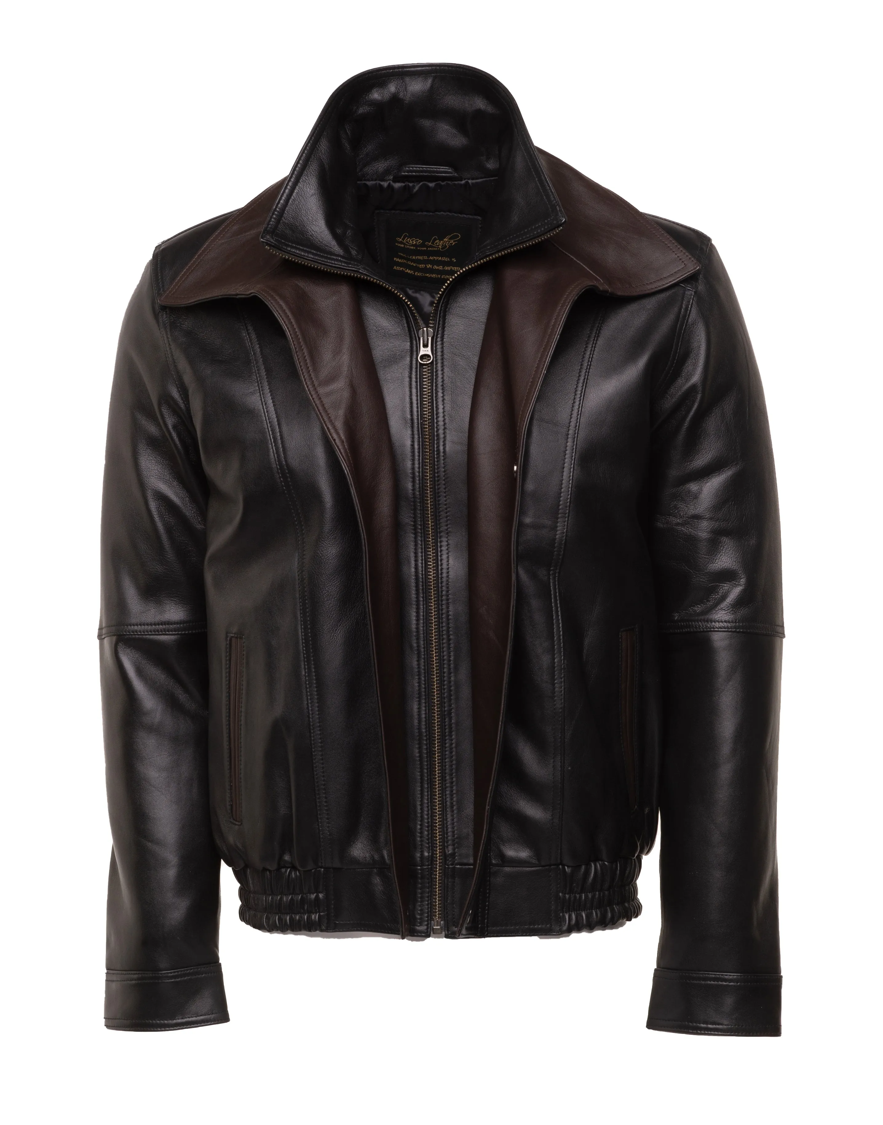 Byrne's brown and black Aviator style leather jacket with spread collars