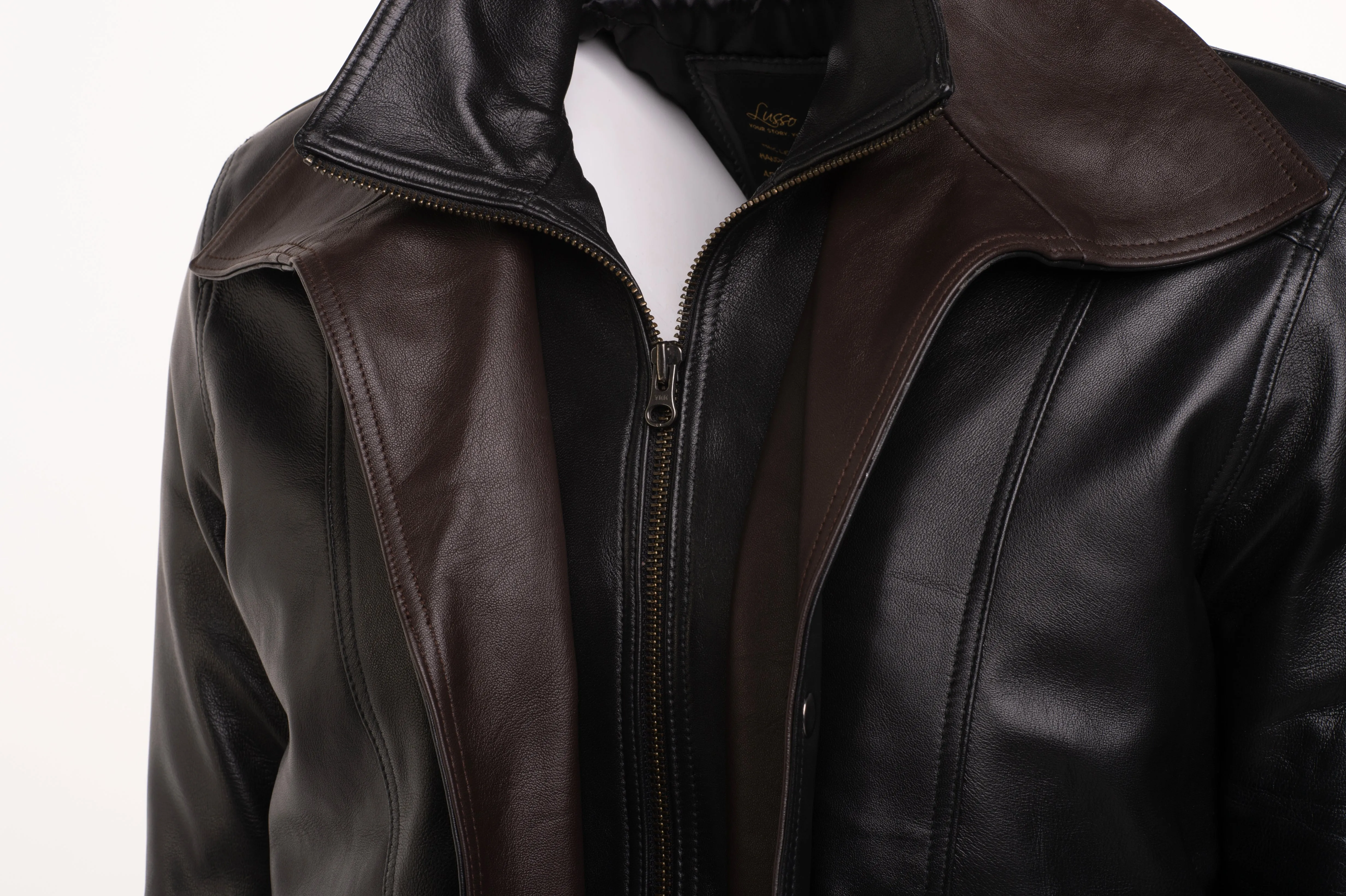 Byrne's brown and black Aviator style leather jacket with spread collars