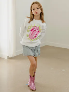 Children's Rolling Stones Neon Puff Classic Lick White Sweatshirt