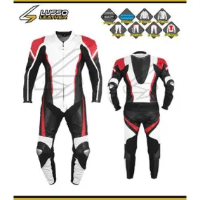 Cote's black, red and white motorcycle leather suit