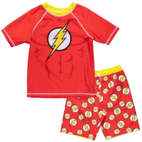 DC Comics Justice League The Flash UPF 50  Rash Guard Swim Trunks Outfit Set