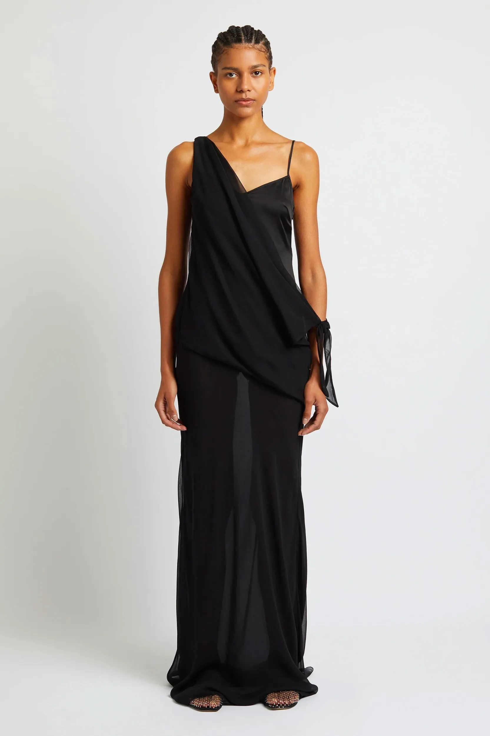 Drifted Silk Side Tie Dress in Black