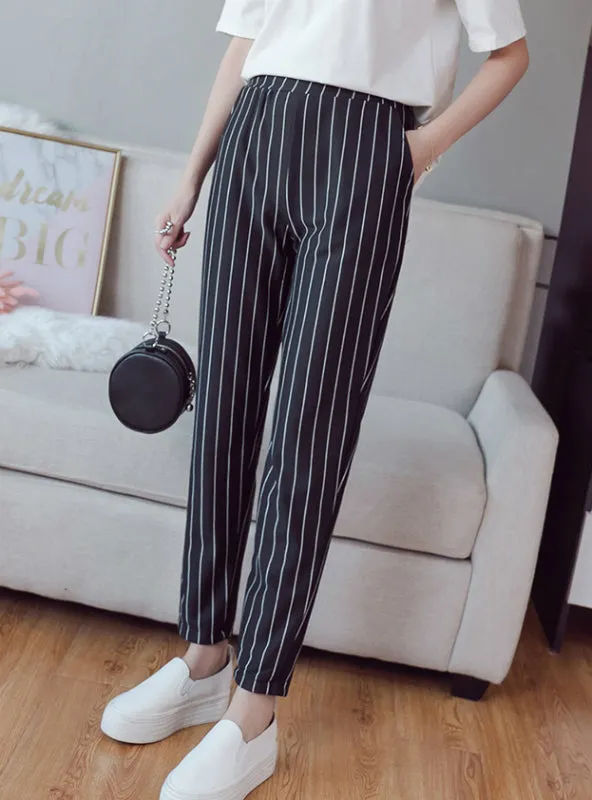 Fashion Elastic Waist Casual Stripes Peneil Pants