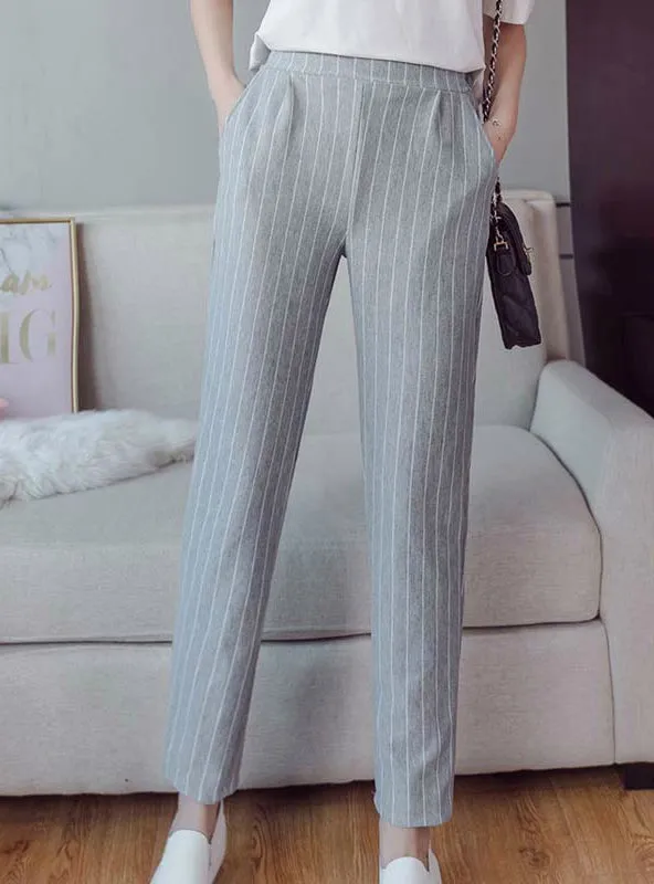 Fashion Elastic Waist Casual Stripes Peneil Pants