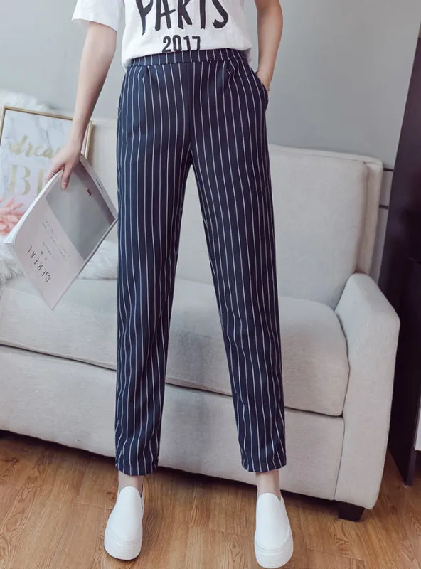 Fashion Elastic Waist Casual Stripes Peneil Pants