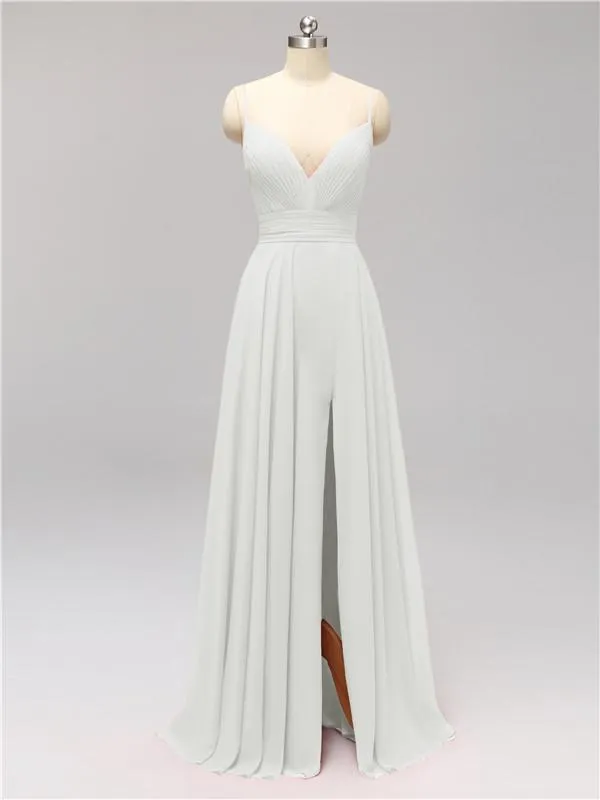 Honest Chiffon Spaghetti Straps Slit Long Bridesmaid Dresses