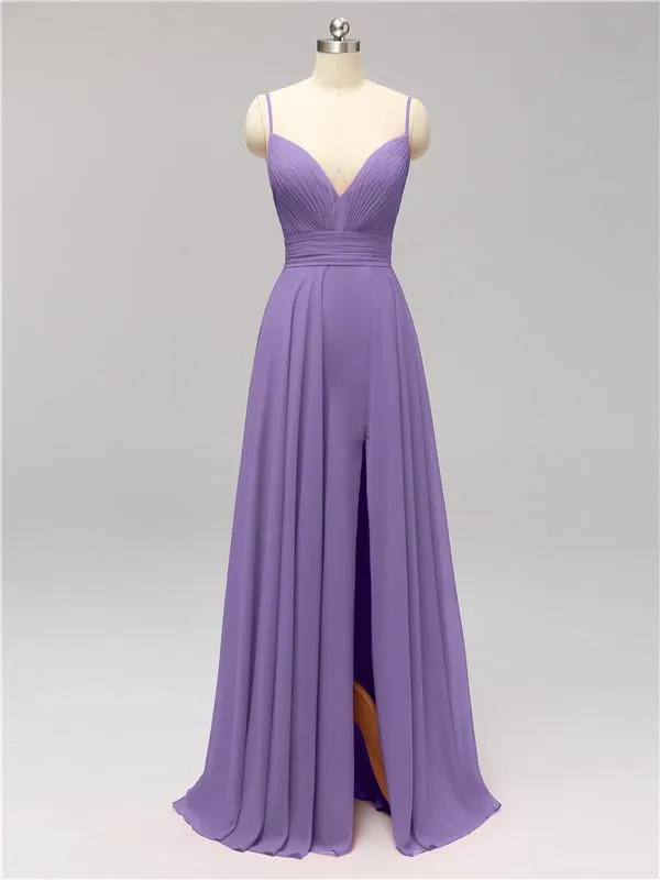 Honest Chiffon Spaghetti Straps Slit Long Bridesmaid Dresses