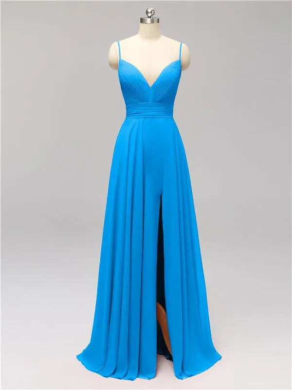 Honest Chiffon Spaghetti Straps Slit Long Bridesmaid Dresses