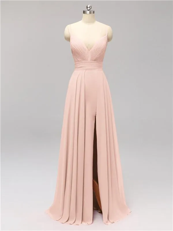 Honest Chiffon Spaghetti Straps Slit Long Bridesmaid Dresses