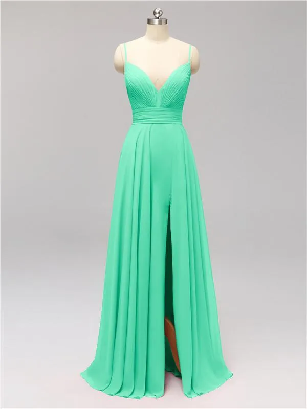 Honest Chiffon Spaghetti Straps Slit Long Bridesmaid Dresses