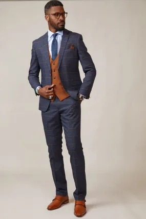 JENSON - Marine Navy Check Suit With Kelvin Tan Waistcoat