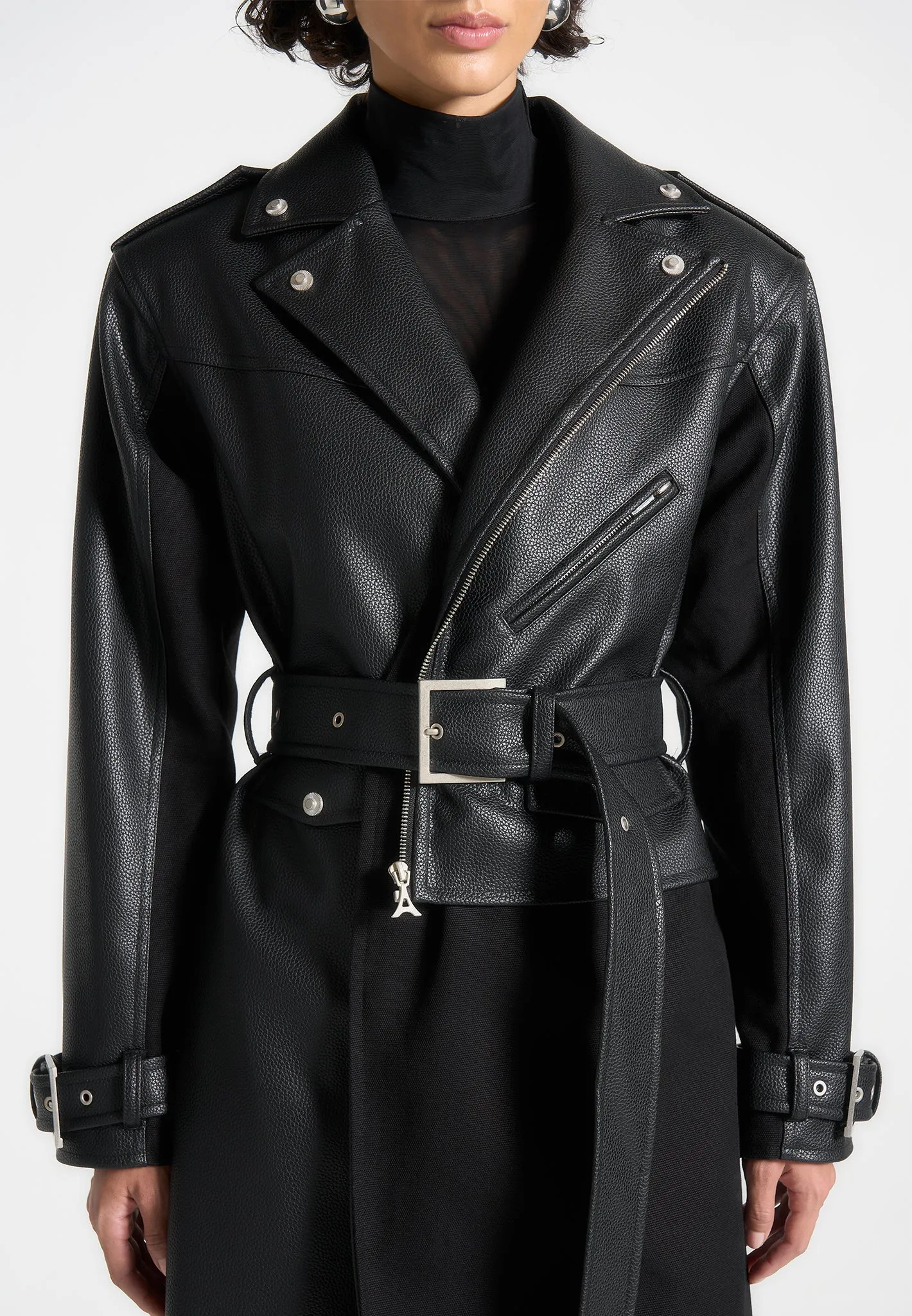 Leather Biker Trench Coat - Black