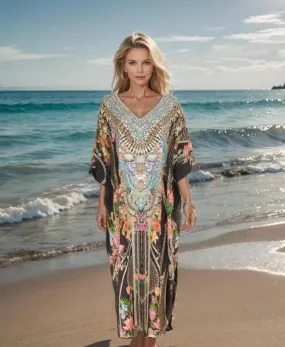 Long Box Embellished Silk Kaftan - Capri