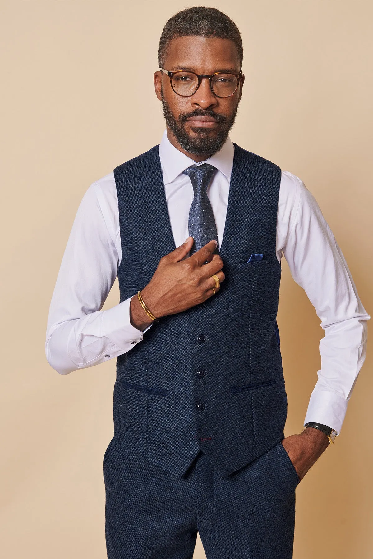 MARLOW - Navy Tweed Single Breasted Waistcoat