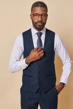 MARLOW - Navy Tweed Single Breasted Waistcoat