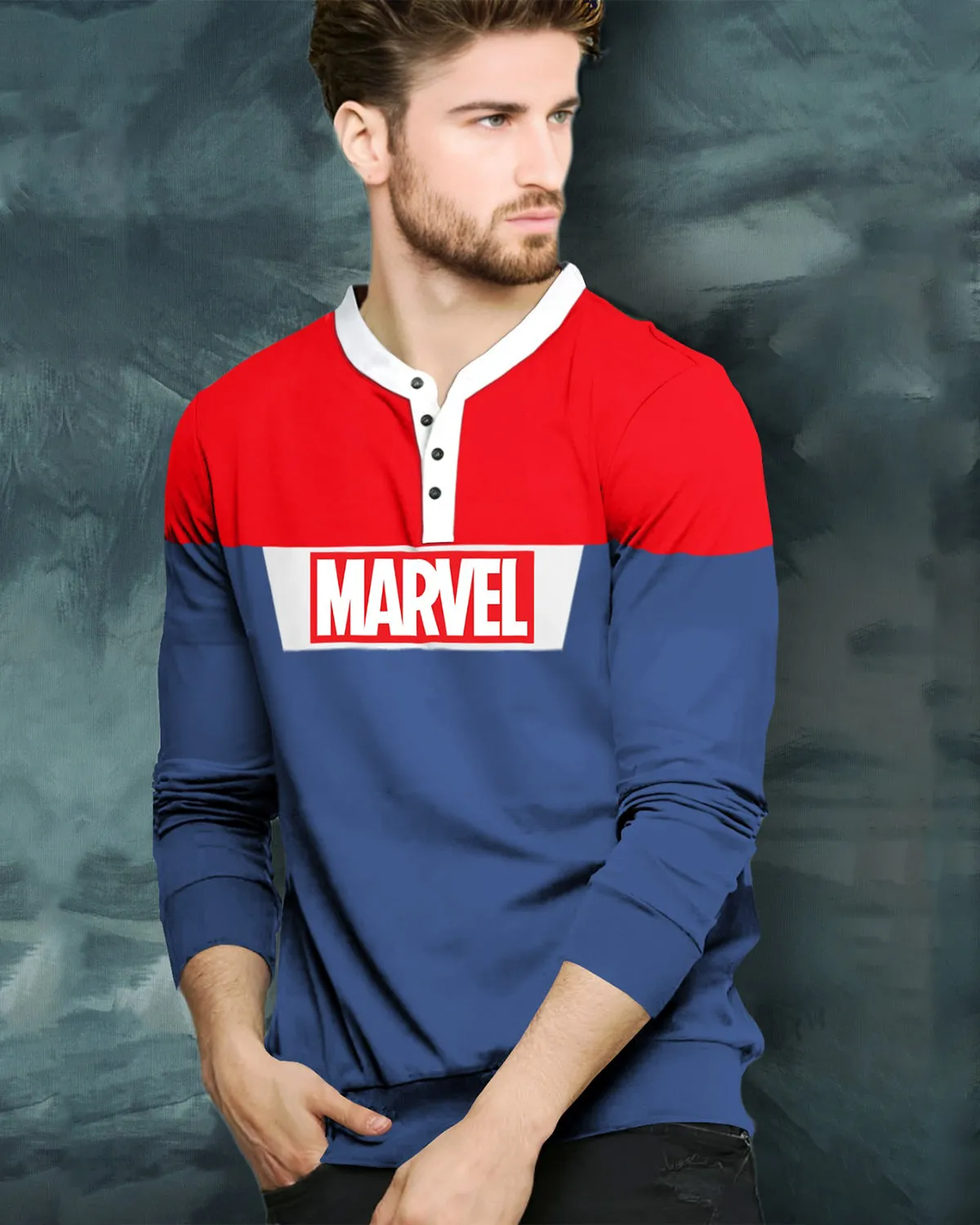 Marvel Henley Red Blue Colorblock T-Shirt