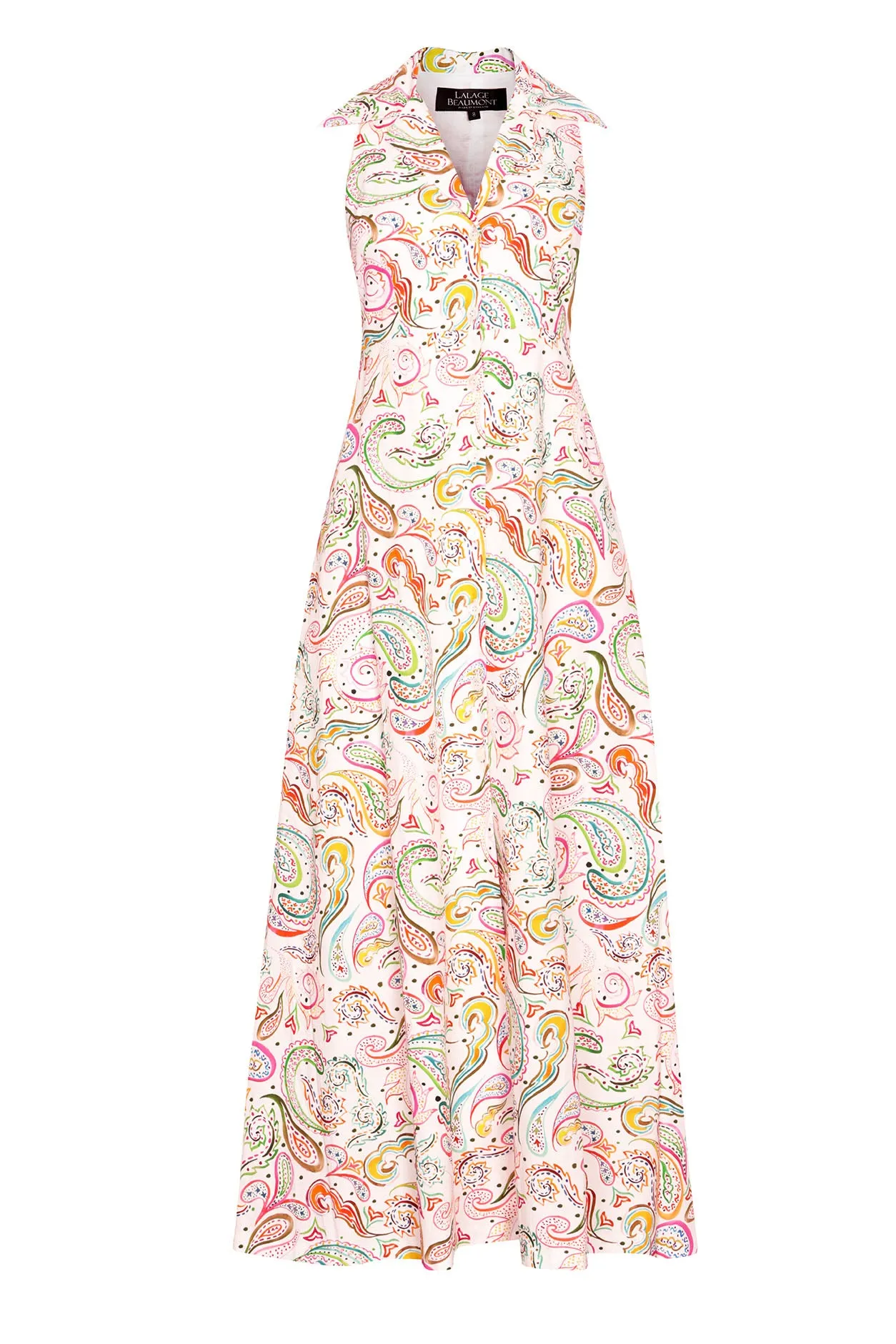 Maxi Length Button - Through Sleeveless Summer Dress in Multi Colour Paisley Cotton Print - Ella