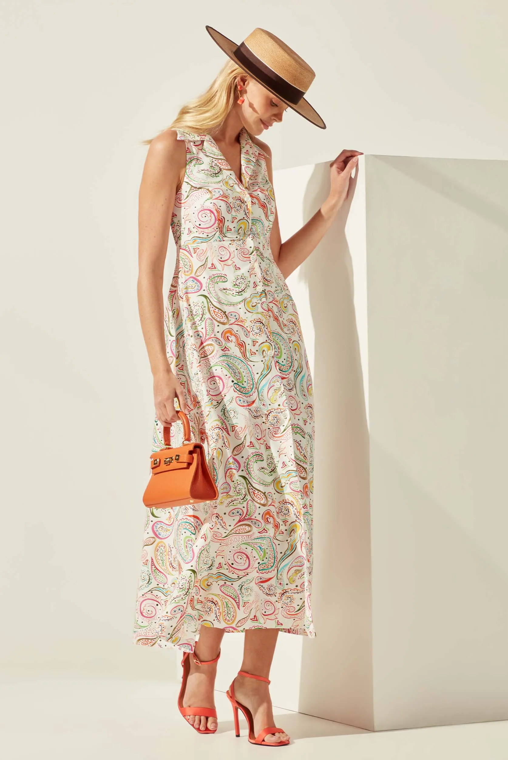 Maxi Length Button - Through Sleeveless Summer Dress in Multi Colour Paisley Cotton Print - Ella