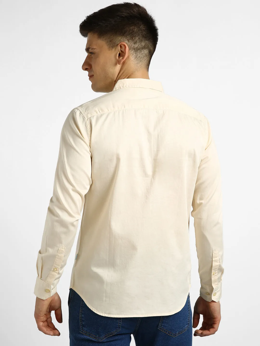 Men's Beige Cotton Full Sleeve Slim Fit Casual Solid Shirt