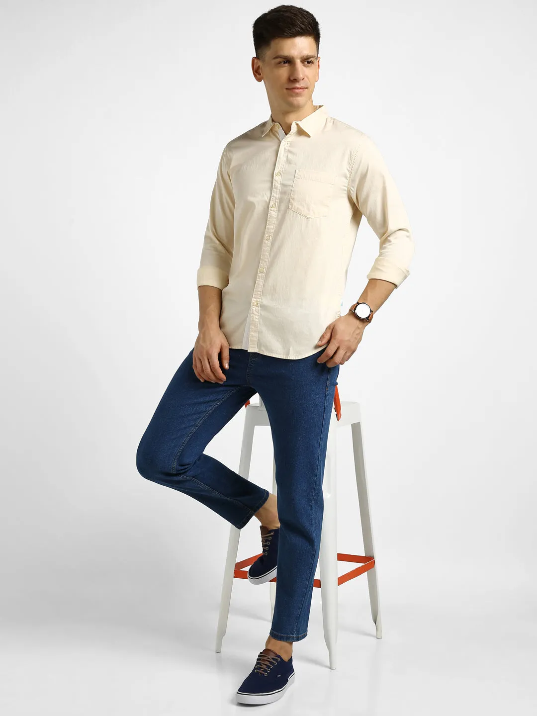 Men's Beige Cotton Full Sleeve Slim Fit Casual Solid Shirt