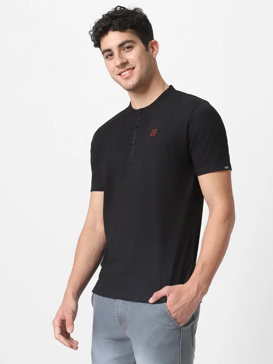 Men's Black Solid Mandarin Collar Slim Fit Cotton T-Shirt