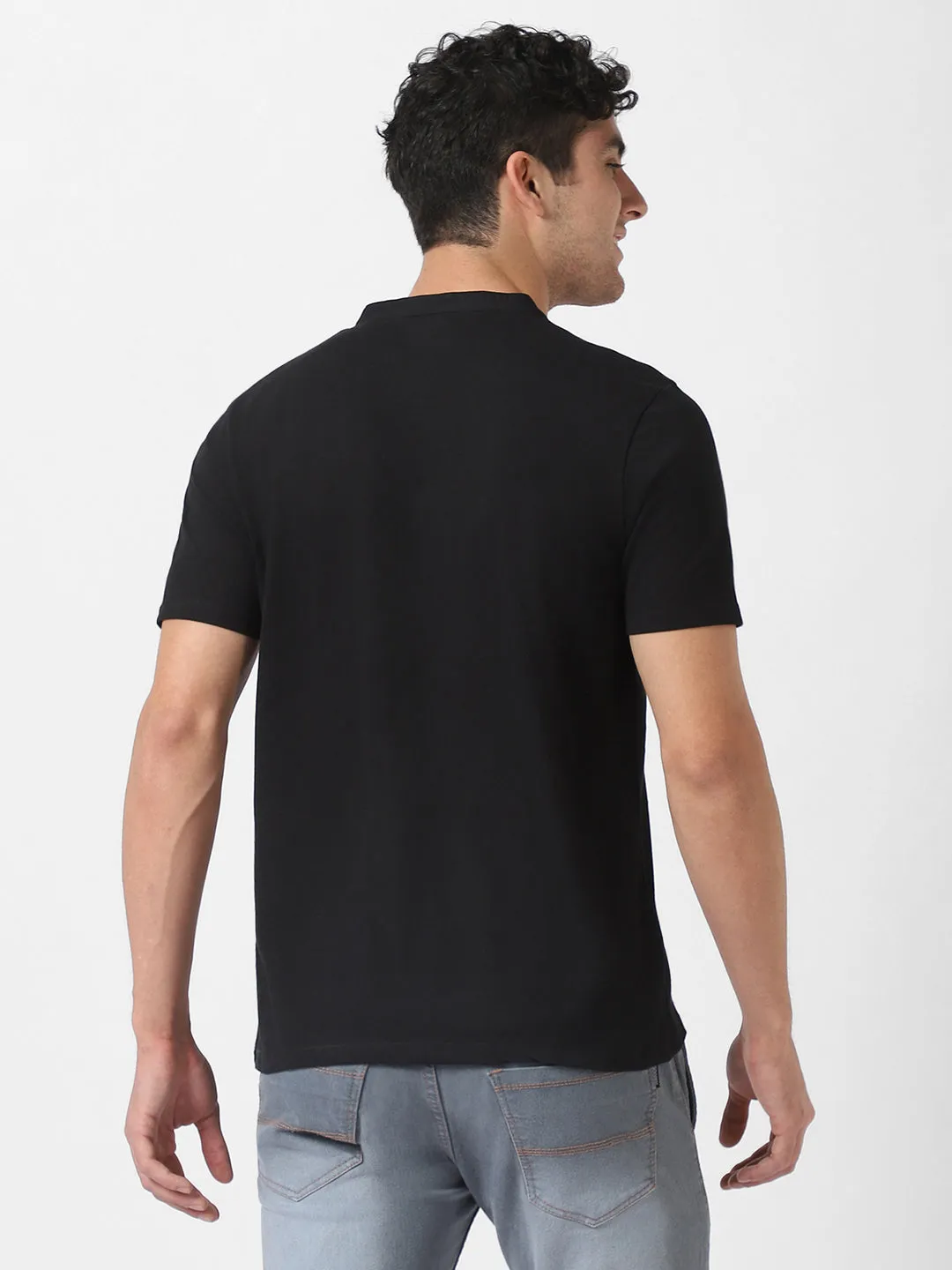 Men's Black Solid Mandarin Collar Slim Fit Cotton T-Shirt