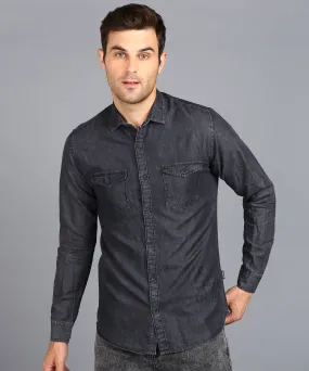 Mens Slim Fit Full Sleeve Washed Casual Shirt in Dark Grey Denim