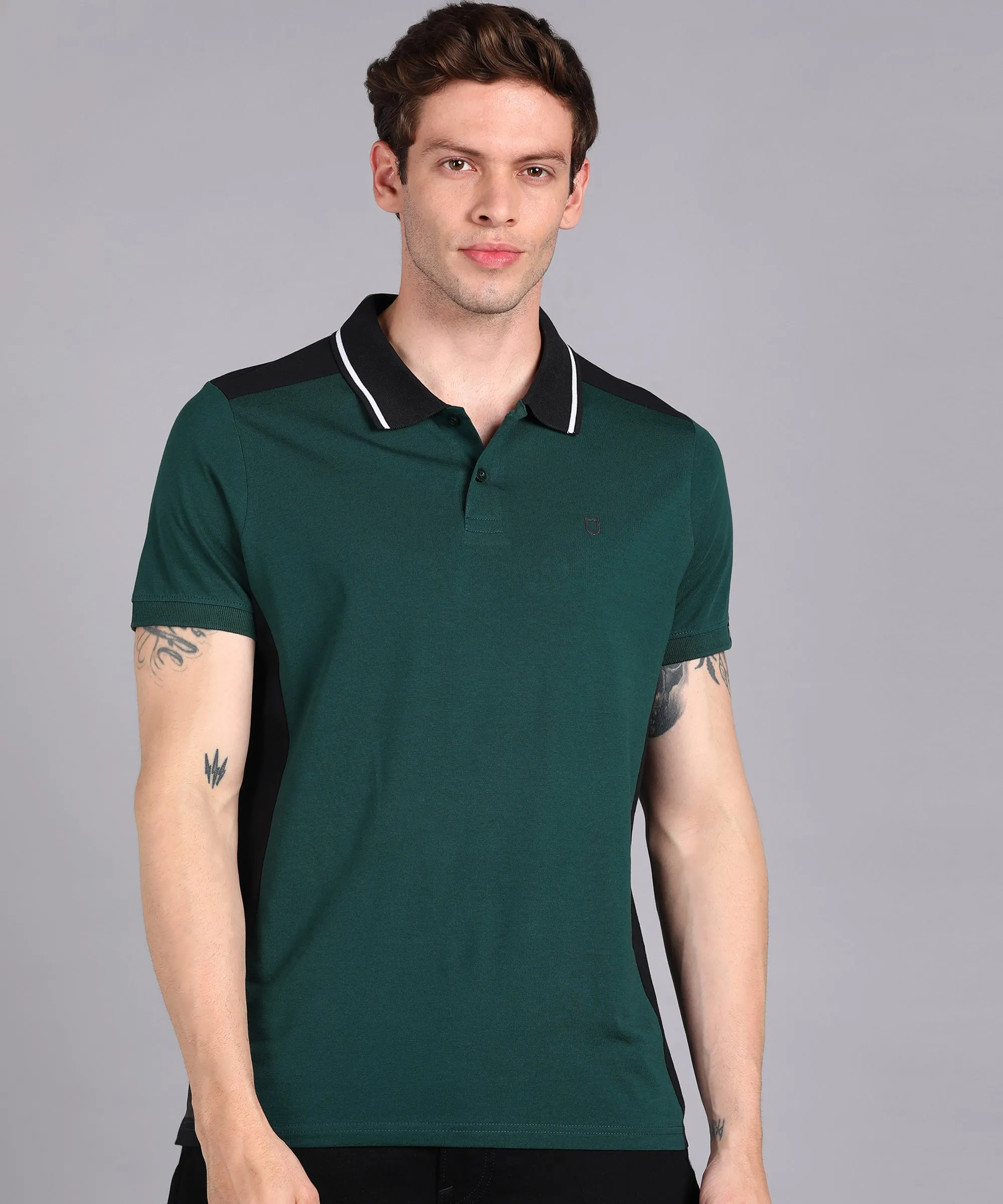 Men's Green, Black Colour-Block Slim Fit Half Sleeve Cotton Polo T-Shirt