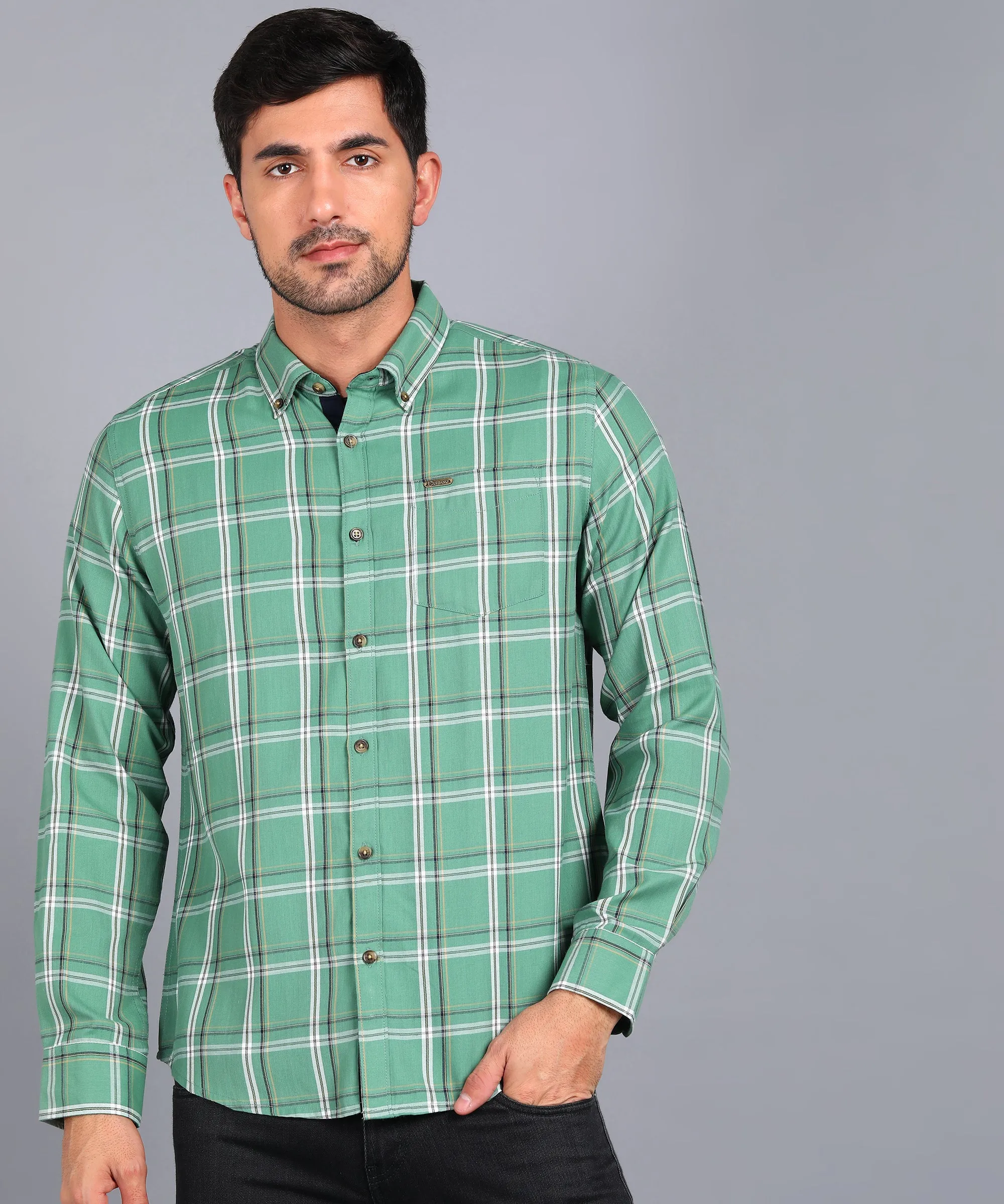 Men's Green Cotton Full Sleeve Slim Fit Casual Checkered Shirt