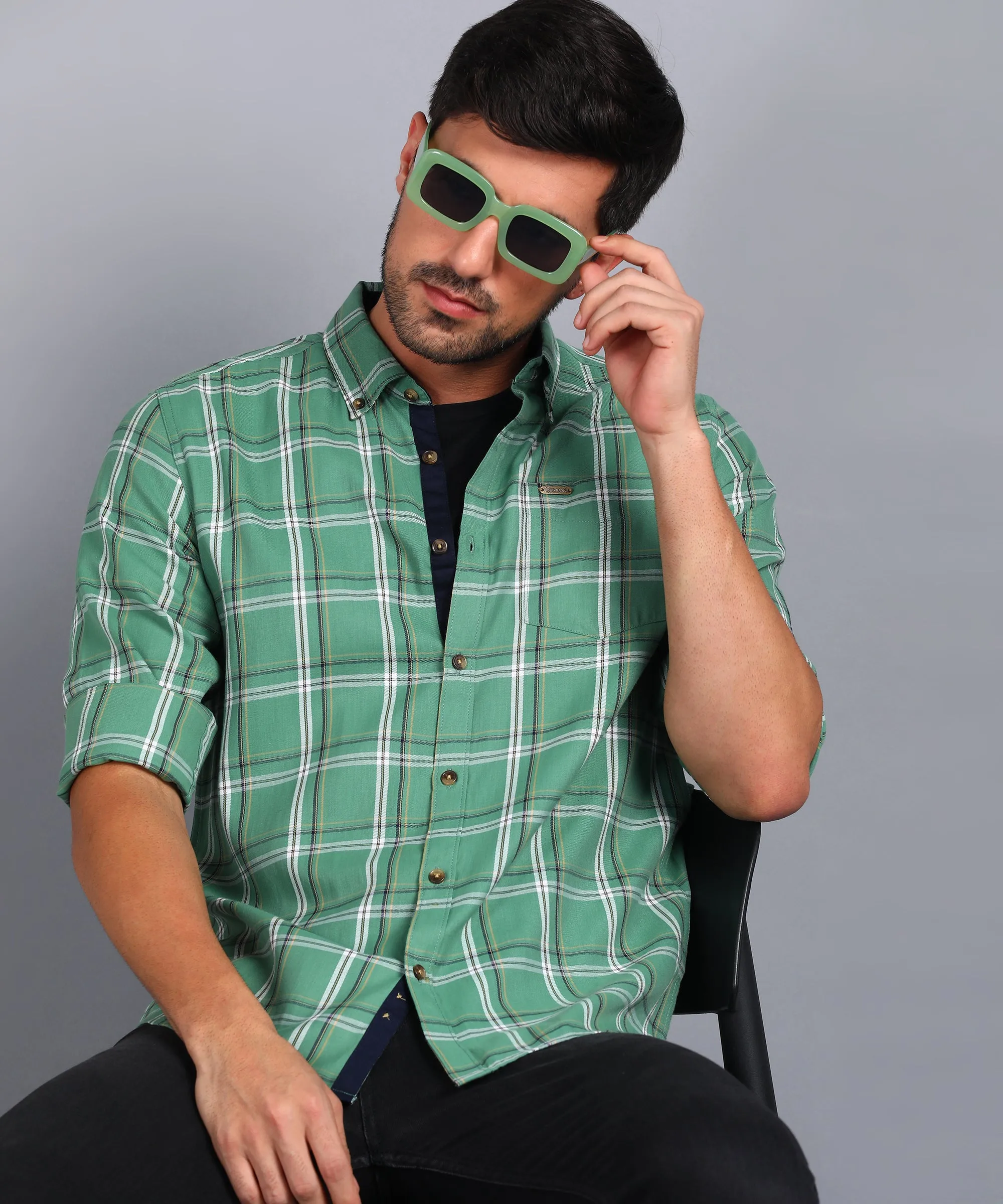 Men's Green Cotton Full Sleeve Slim Fit Casual Checkered Shirt