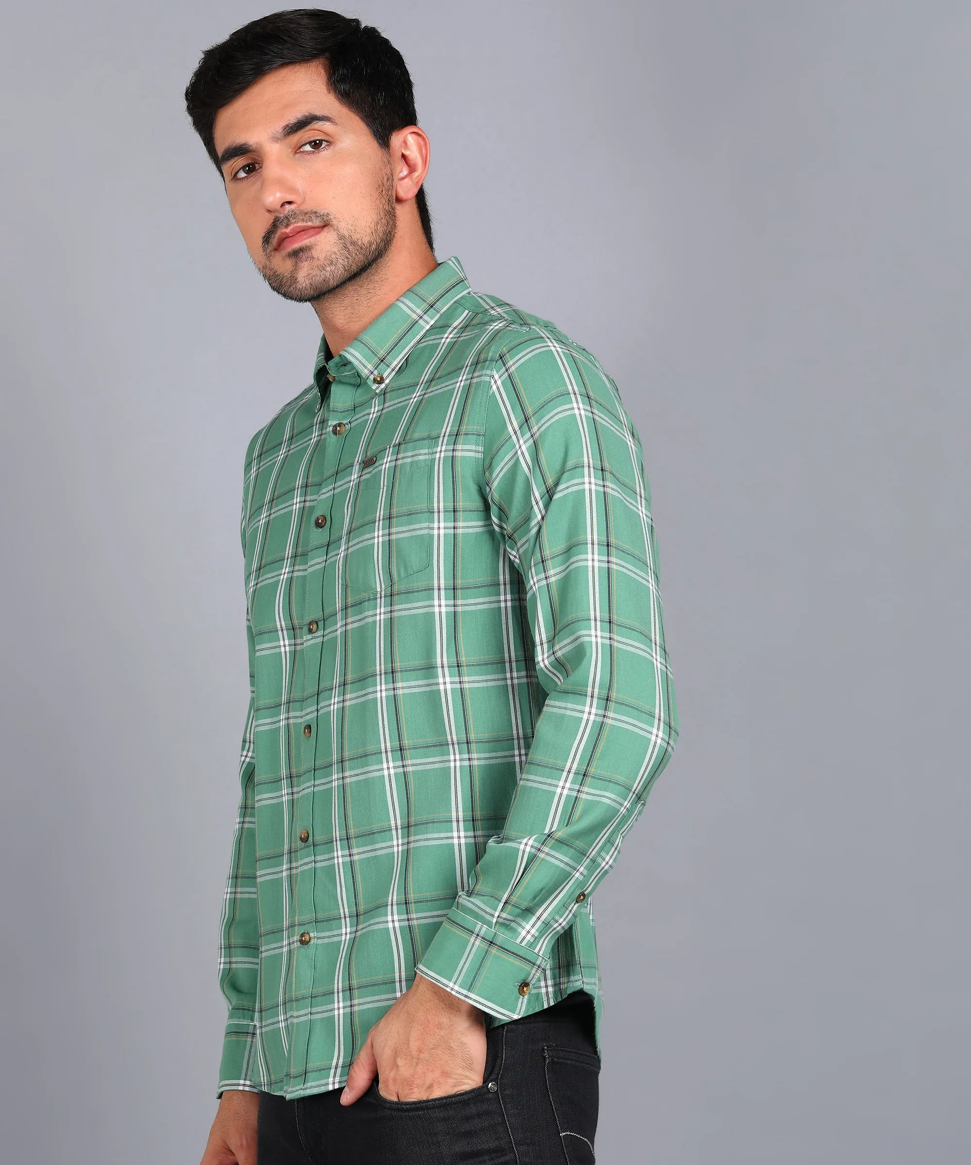 Men's Green Cotton Full Sleeve Slim Fit Casual Checkered Shirt