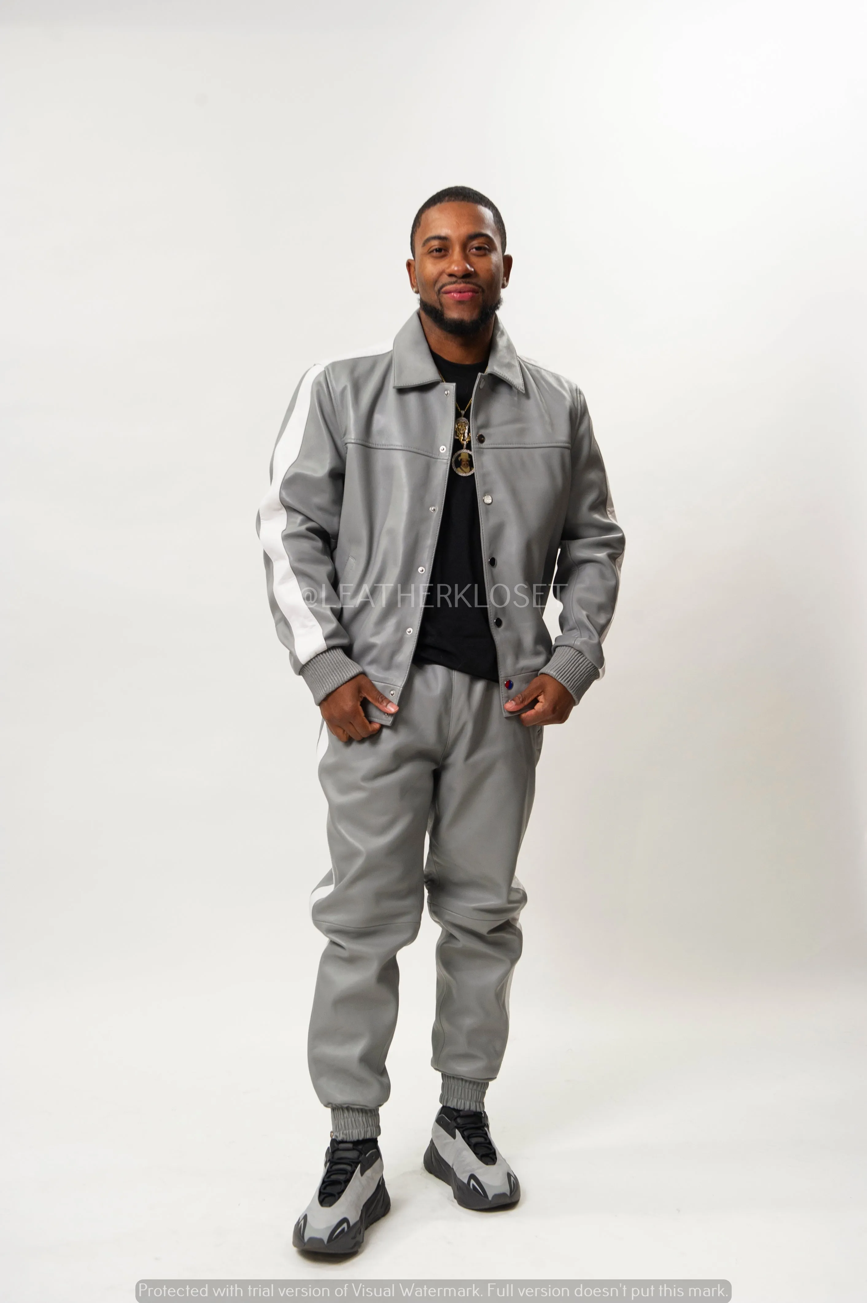 Mens Premium Gray and White Leather Track Suit - Stylish and Comfortable Sweatsuit for Active Lifestyle