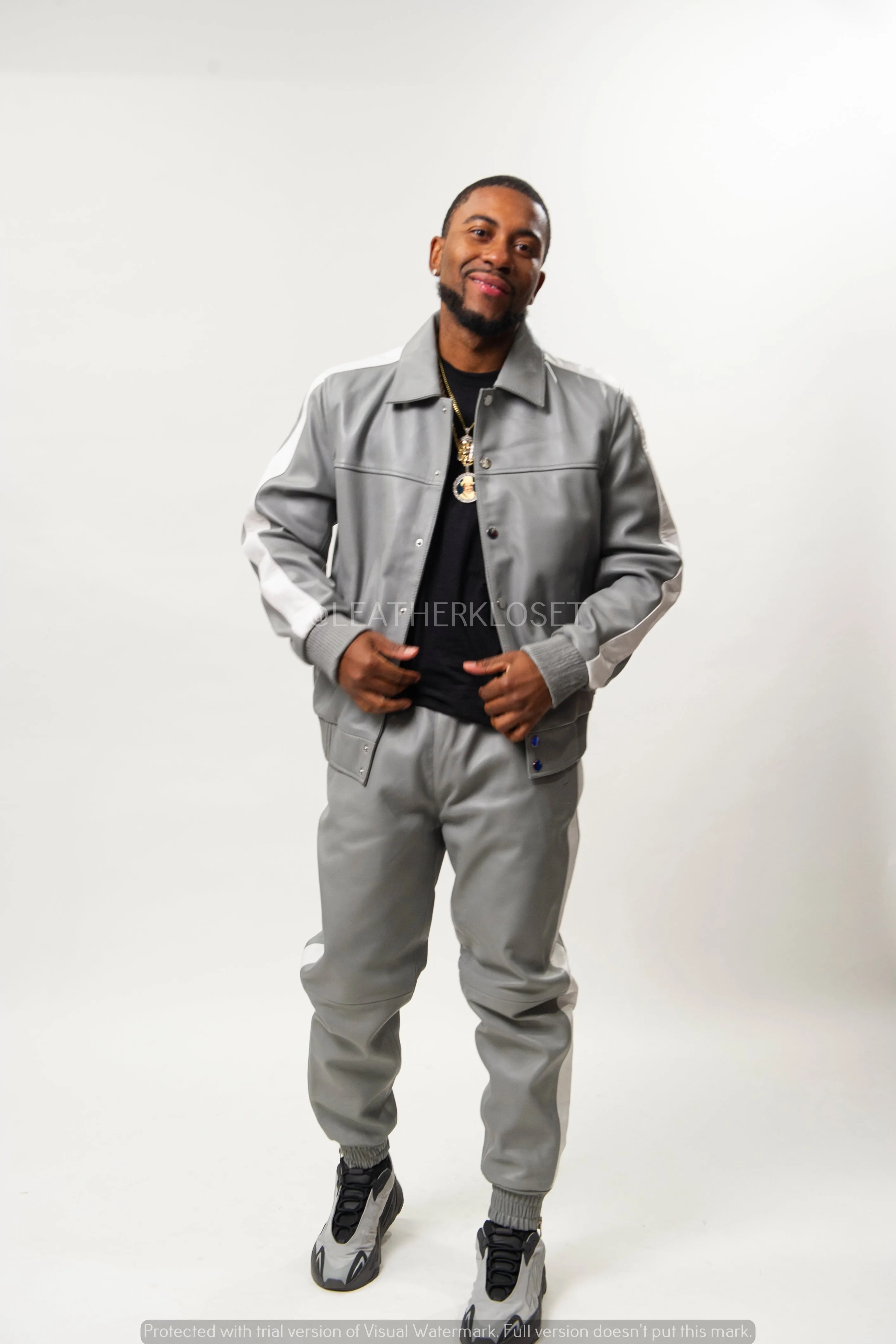 Mens Premium Gray and White Leather Track Suit - Stylish and Comfortable Sweatsuit for Active Lifestyle