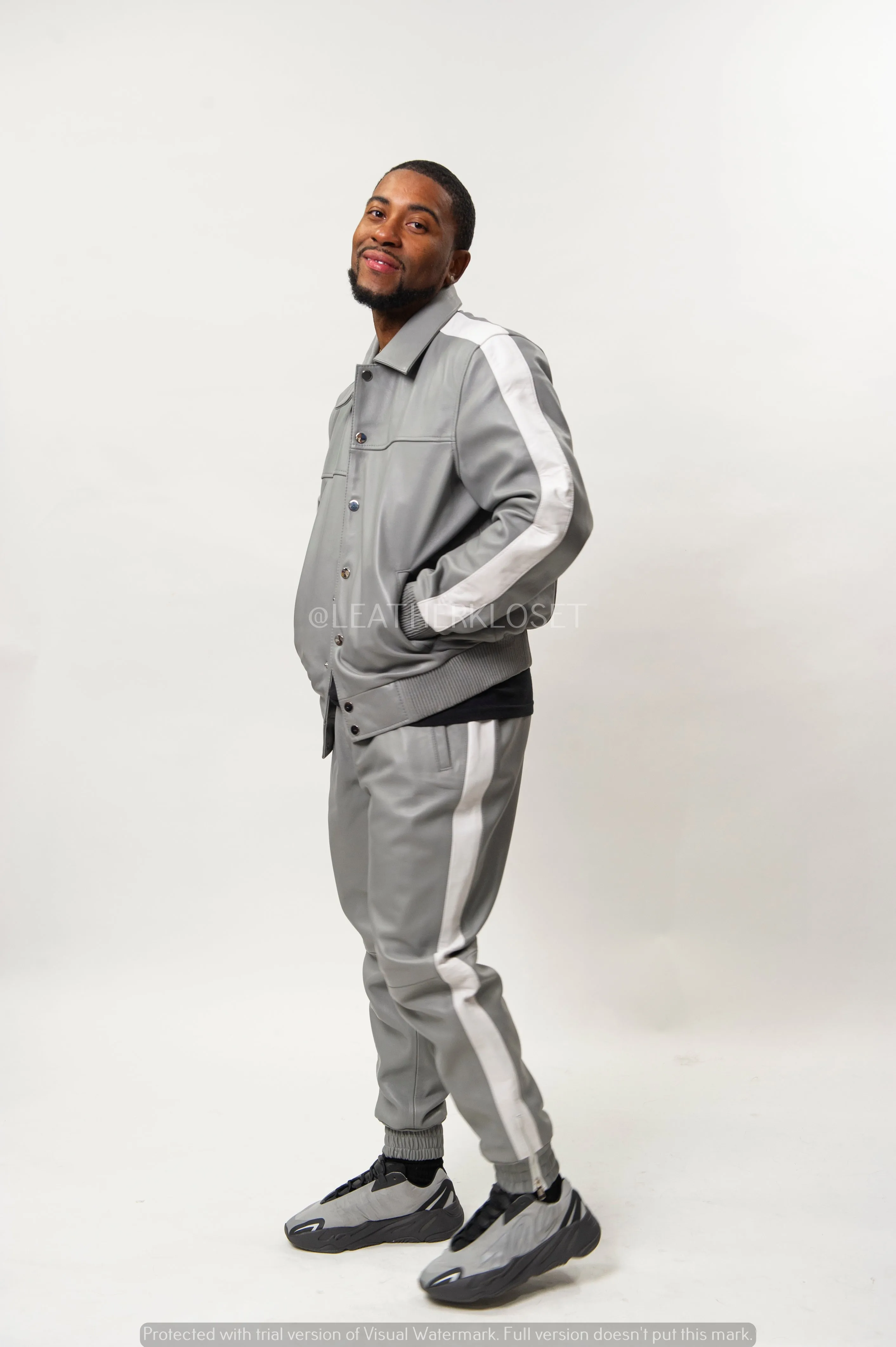 Mens Premium Gray and White Leather Track Suit - Stylish and Comfortable Sweatsuit for Active Lifestyle