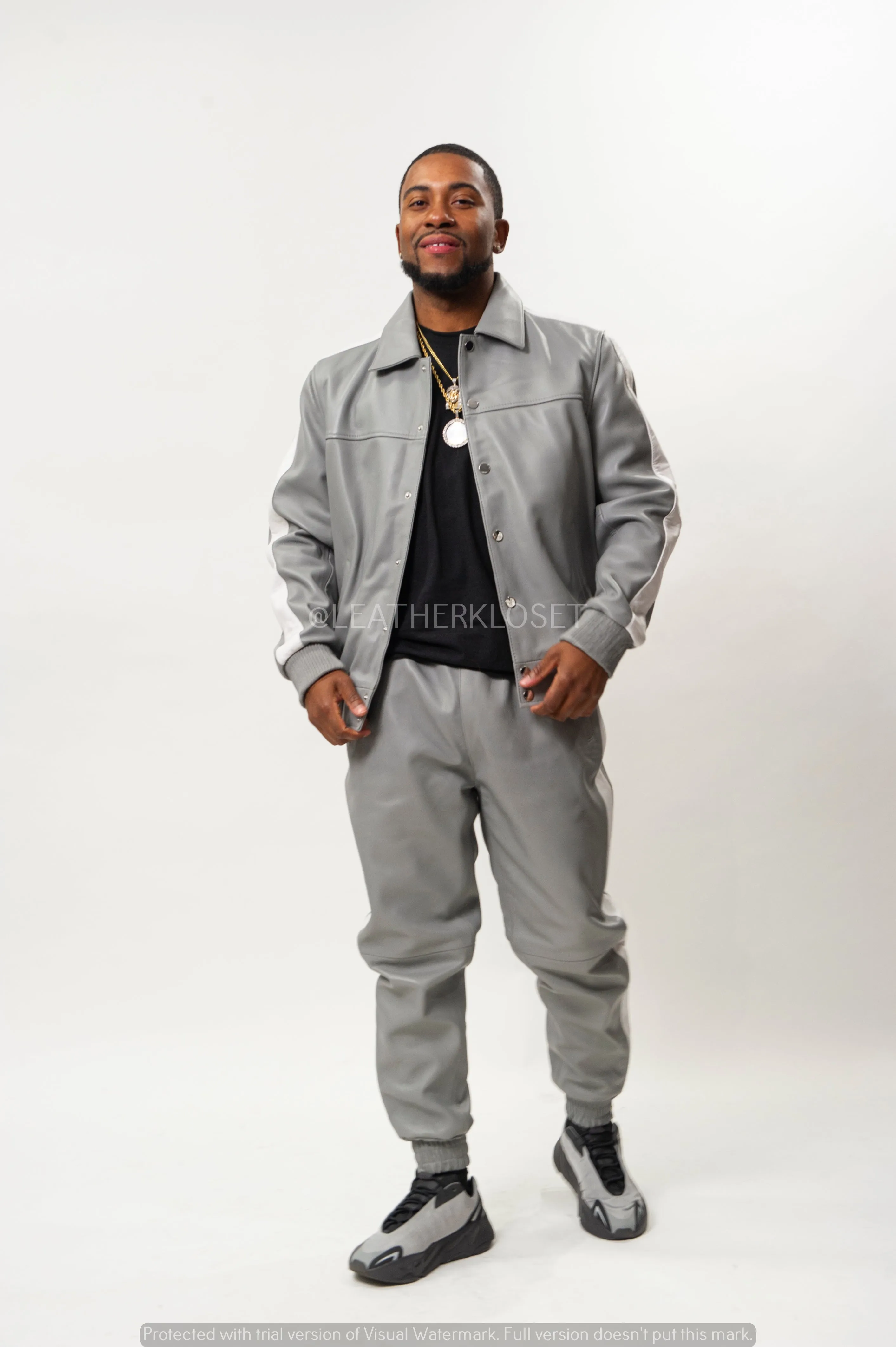 Mens Premium Gray and White Leather Track Suit - Stylish and Comfortable Sweatsuit for Active Lifestyle